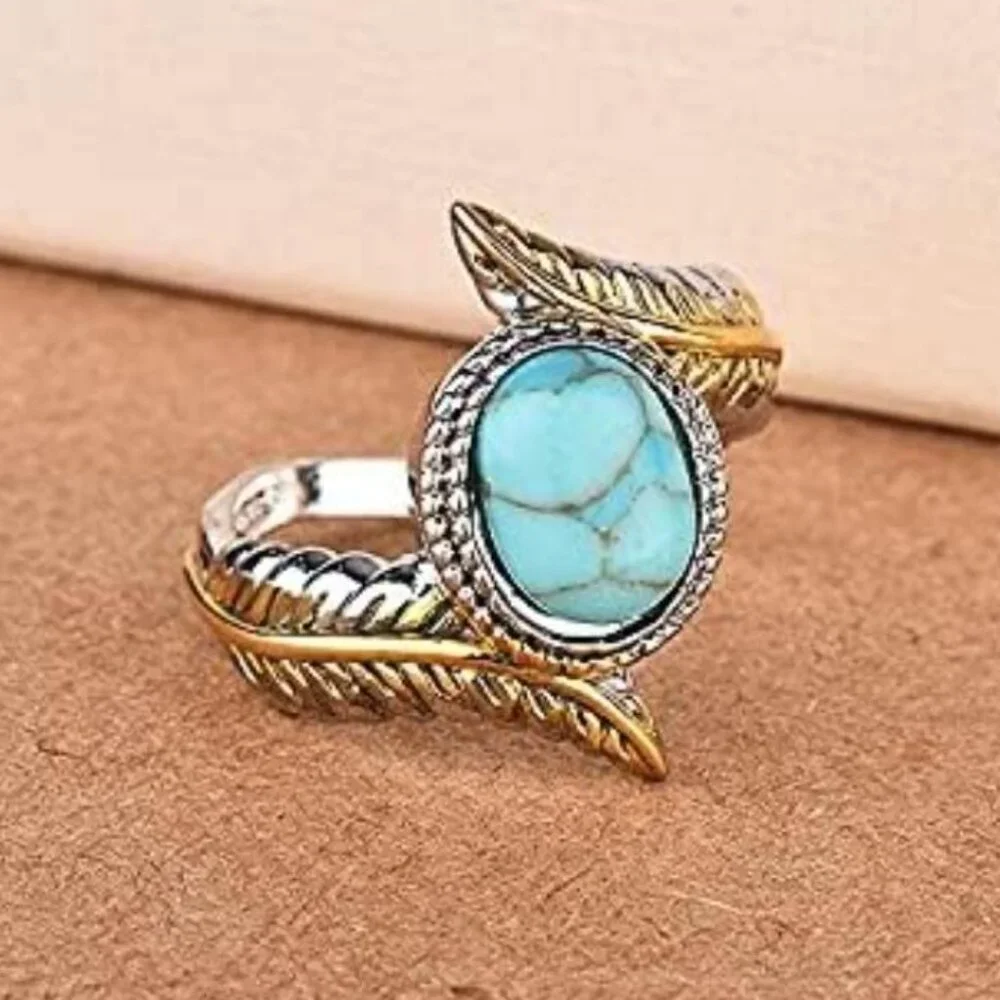 Silver Turquoise Feather Ring Womens Silver‎ Gold Plated Party Wedding